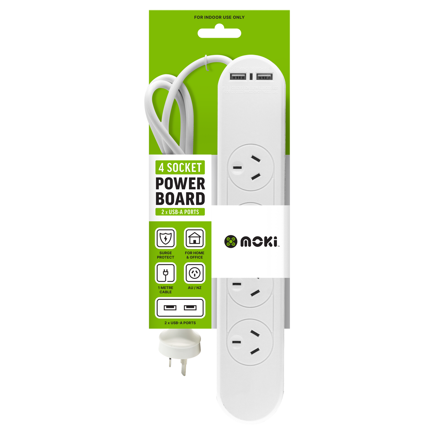 Moki Powerboard - 4 Socket + 2 USB-A
